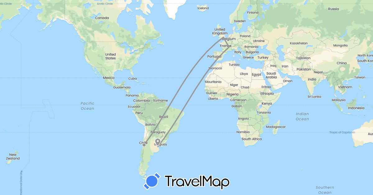 TravelMap itinerary: driving, plane in Argentina, Chile, France, United Kingdom (Europe, South America)